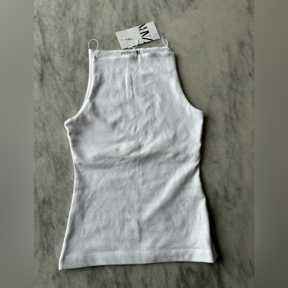 ZARA White Ribbed High-Neck Tank Top